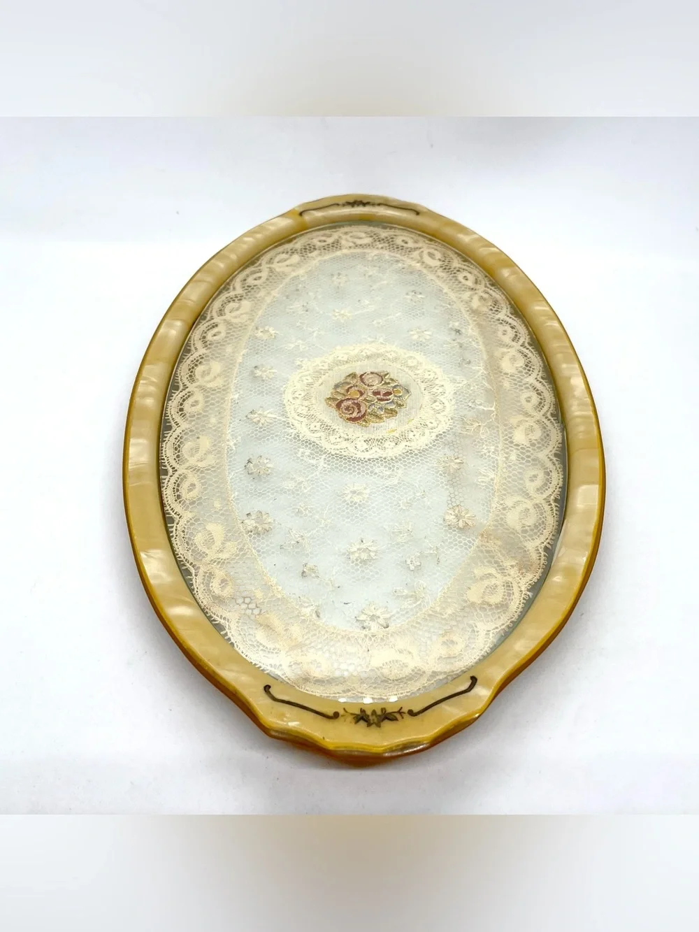 Vintage Lucite Vanity Tray with Lace & Embroidered Roses Butterscotch Oval